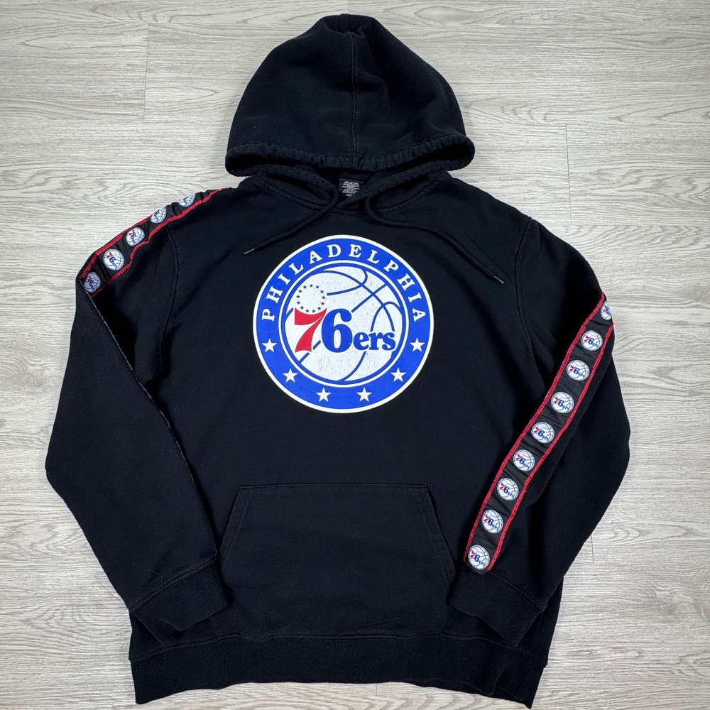 NBA Mens Philadelphia 76ers Hoodie Black Medium Logo Sleeve Tape Pullover